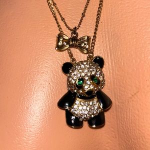 Betsey Johnson panda bear bow princess crown necklace green crystal vintage N152